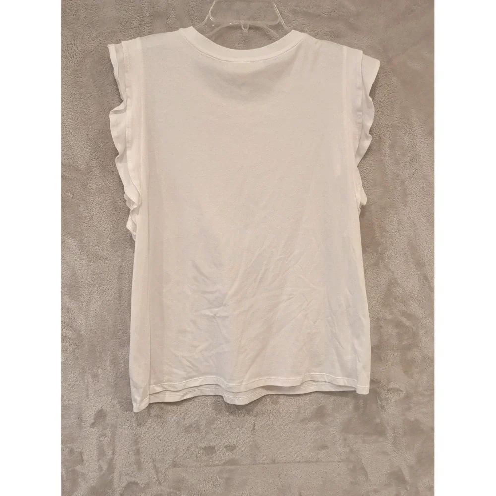 Michael Kors White Ruffle Sleeve Top Womens L Gold Logo‎ Stretch Tee